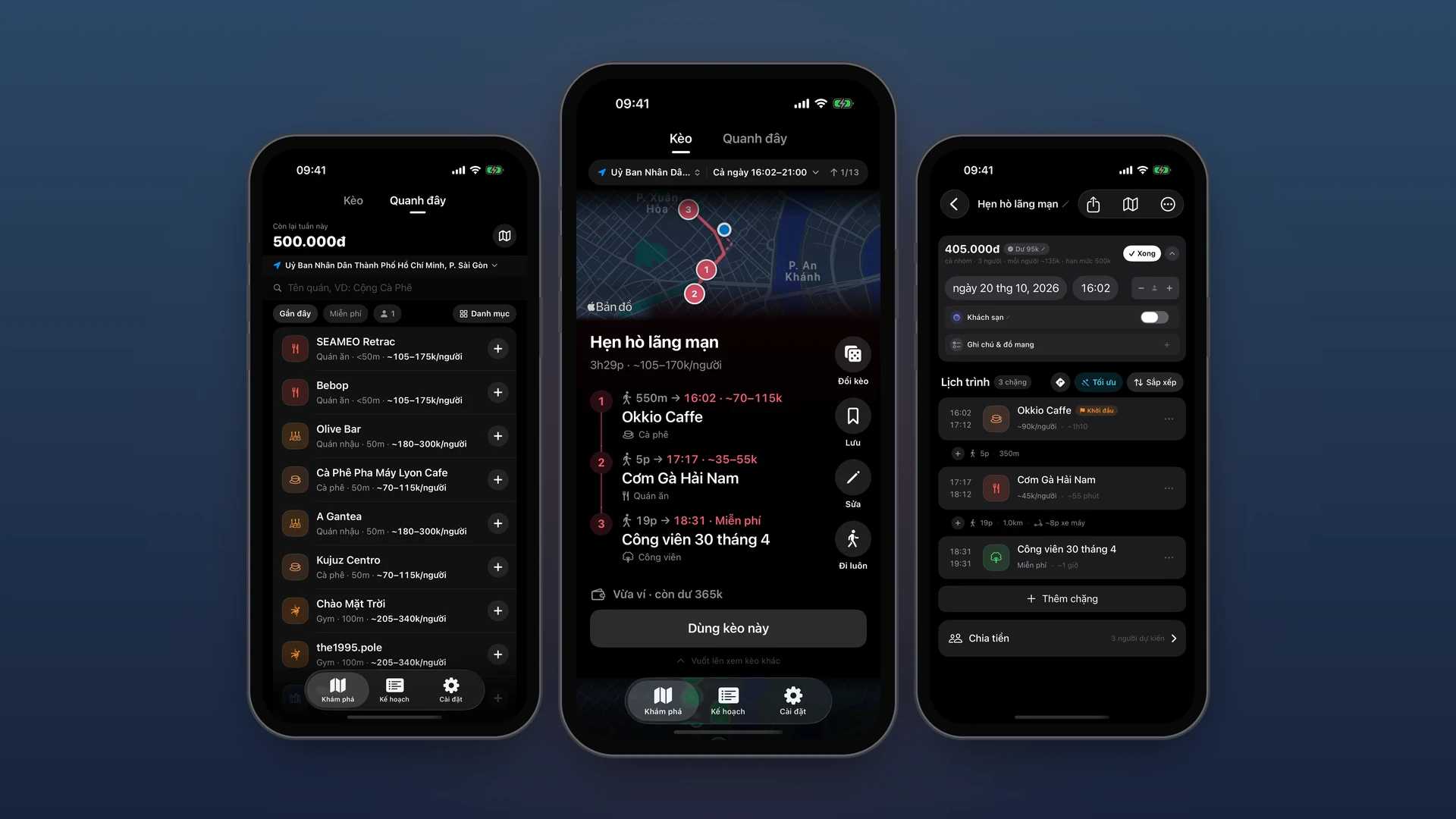 Three iPhones running ChillPenny: the Nearby list, a three-stop plan on the map and that plan's schedule