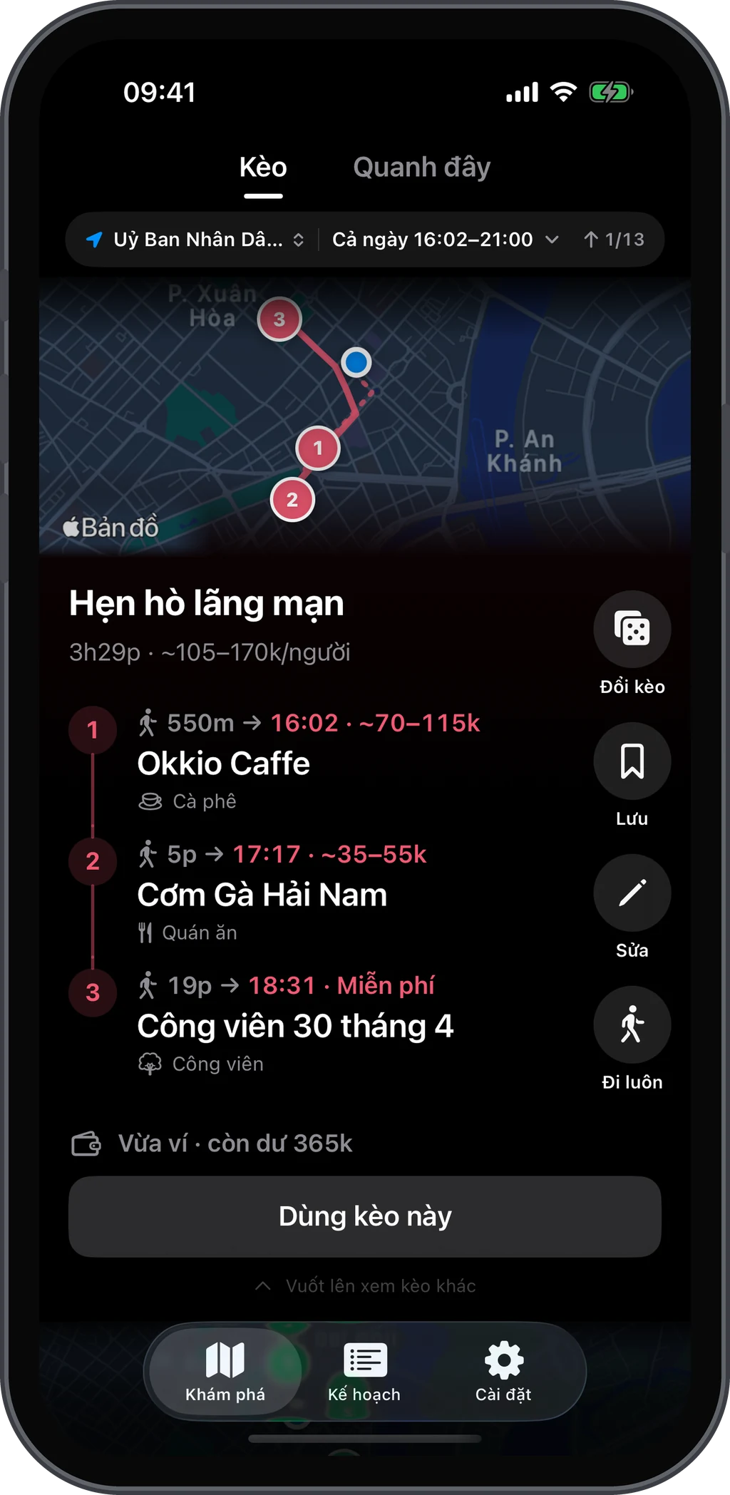 A romantic date plan: three stops on the map, about 105–170k VND per person, 365k VND left
