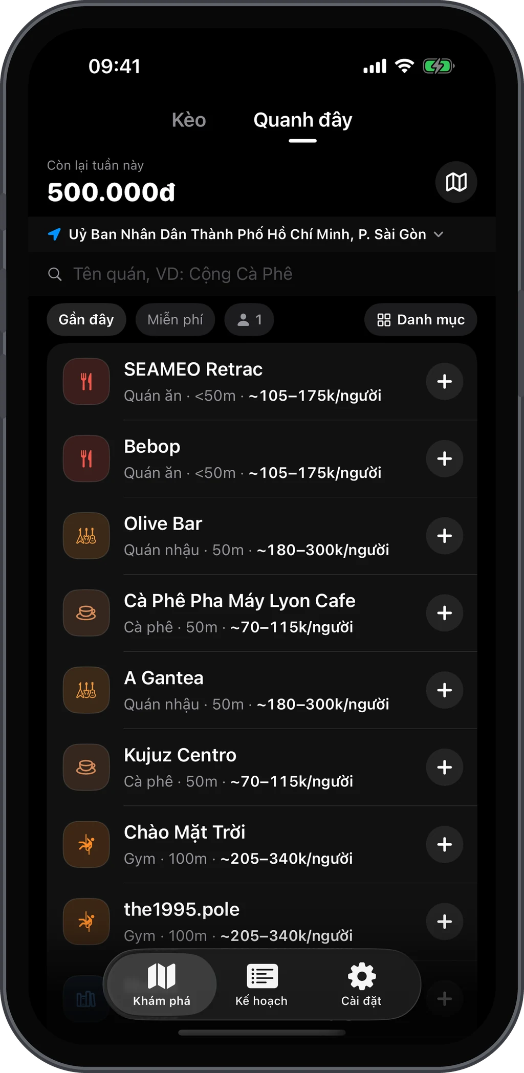 The Nearby screen: 500,000 VND left this week and a list of places close by, each with an estimated price per person