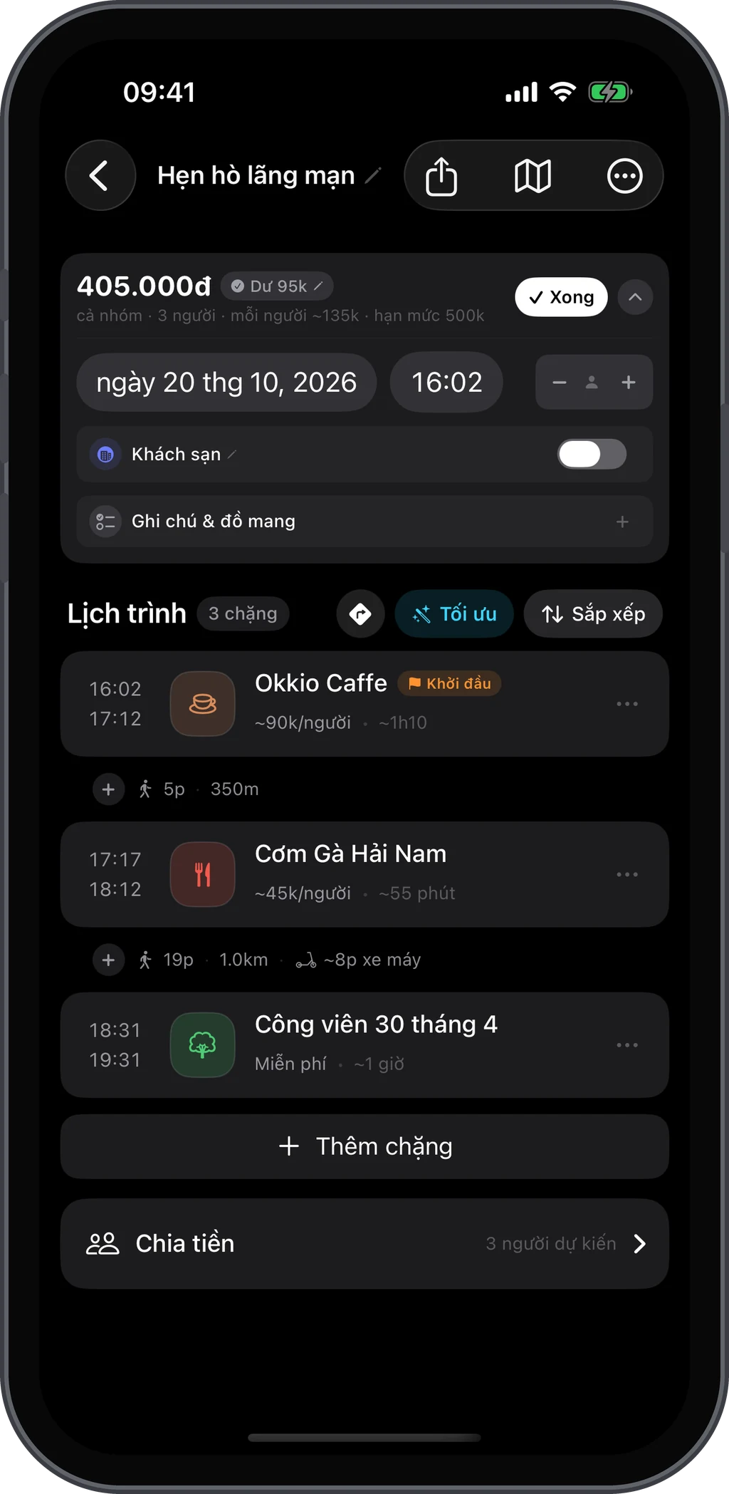 A three-stop schedule for three people: 405,000 VND in total, 95k VND under the 500k VND limit