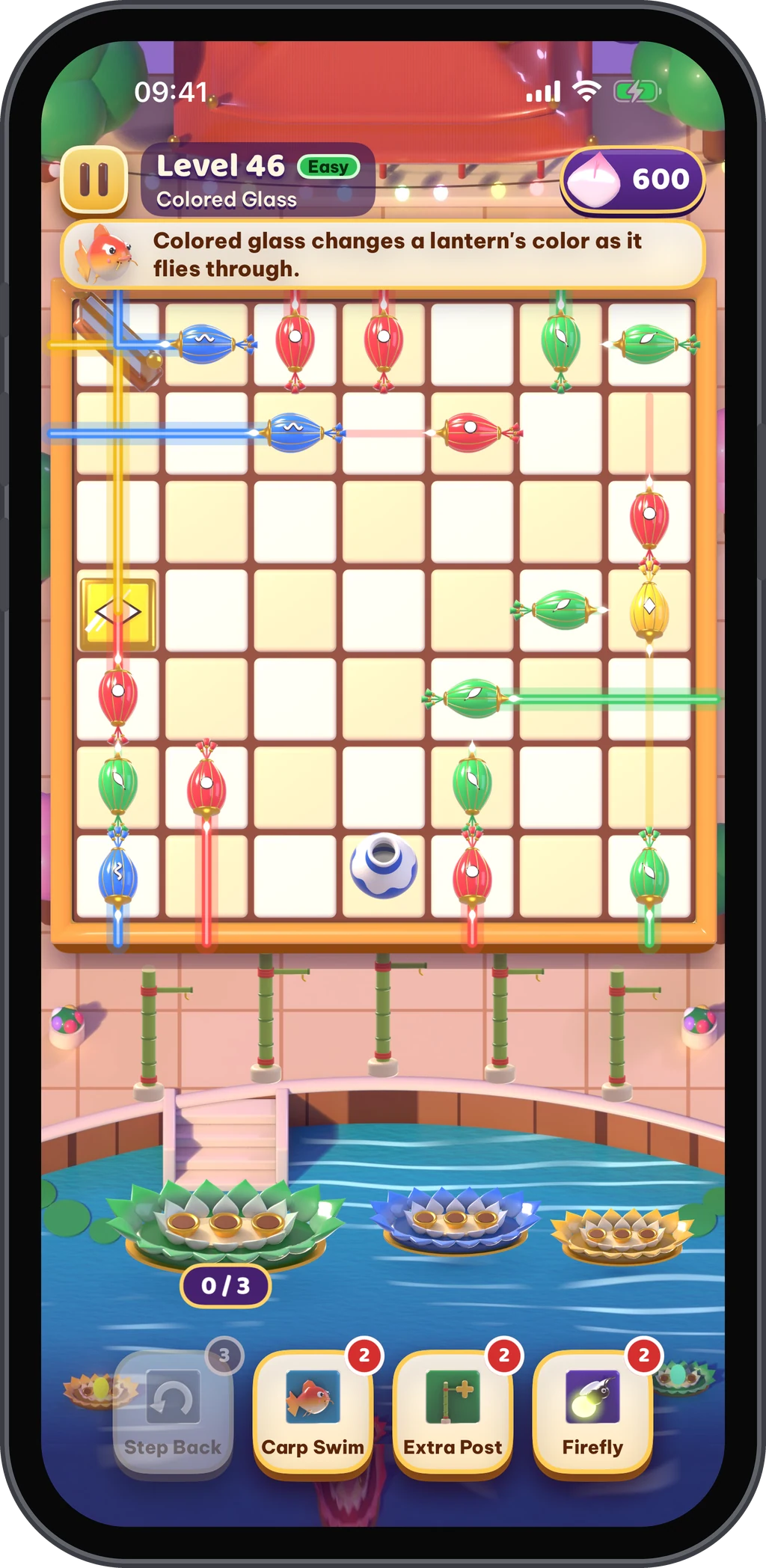 Level 46: colored glass changes the color of a lantern, and its light beam changes color at the glass