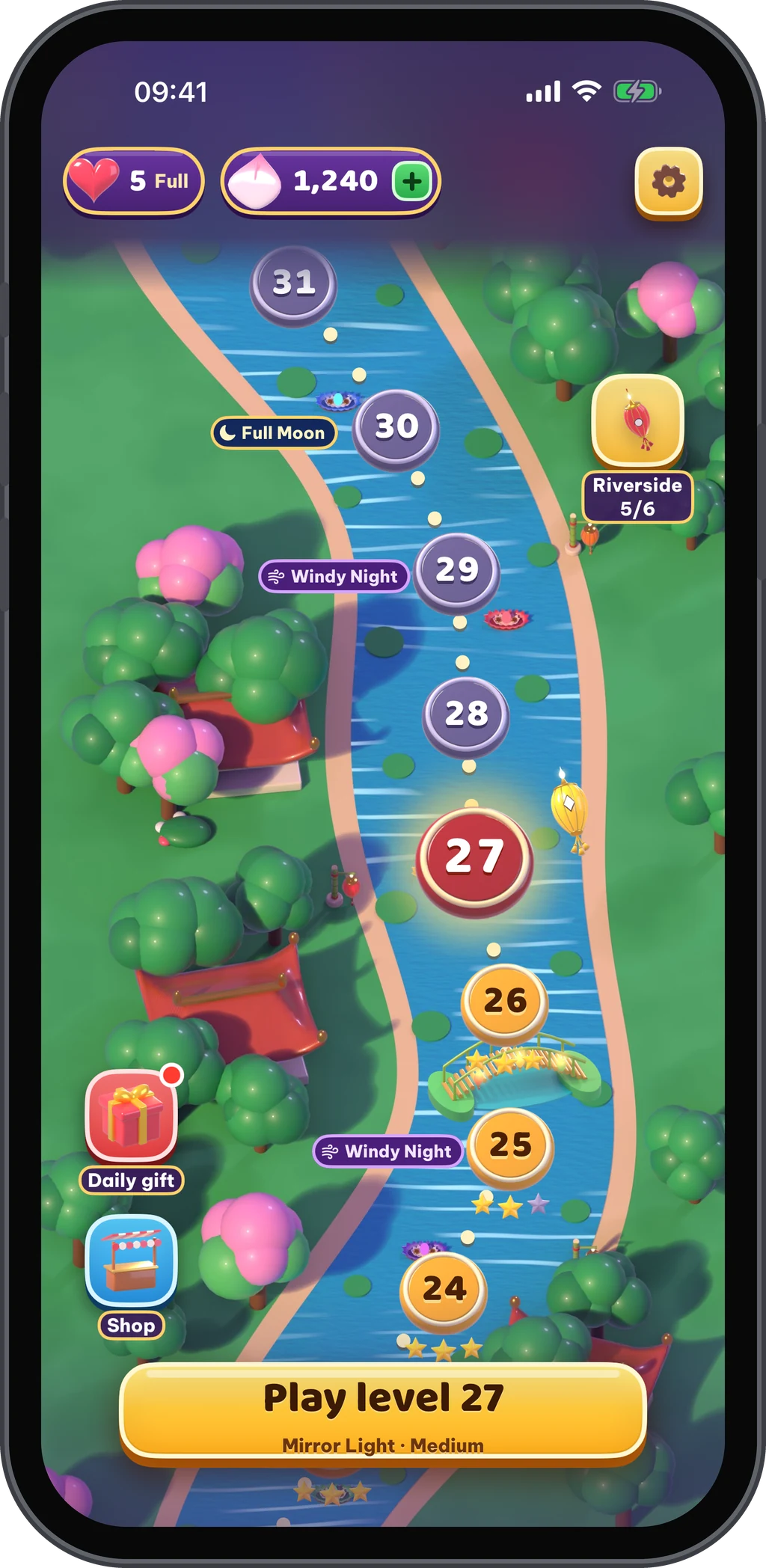 The river map with level nodes, the daily gift and the shop