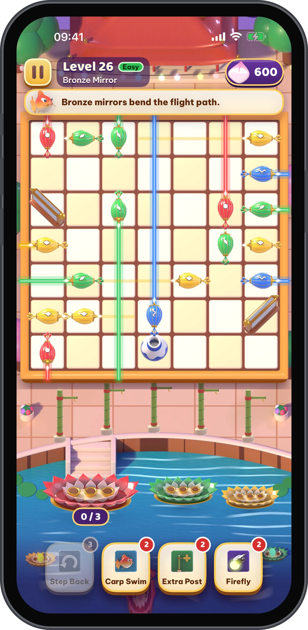 Level 26: bronze mirrors bend the flight path of the lanterns