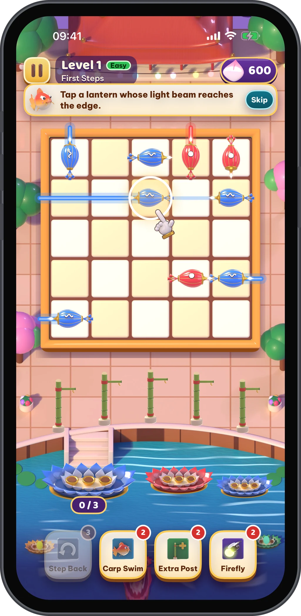 Level 1 with the tutorial hand: tap a lantern whose light beam reaches the edge