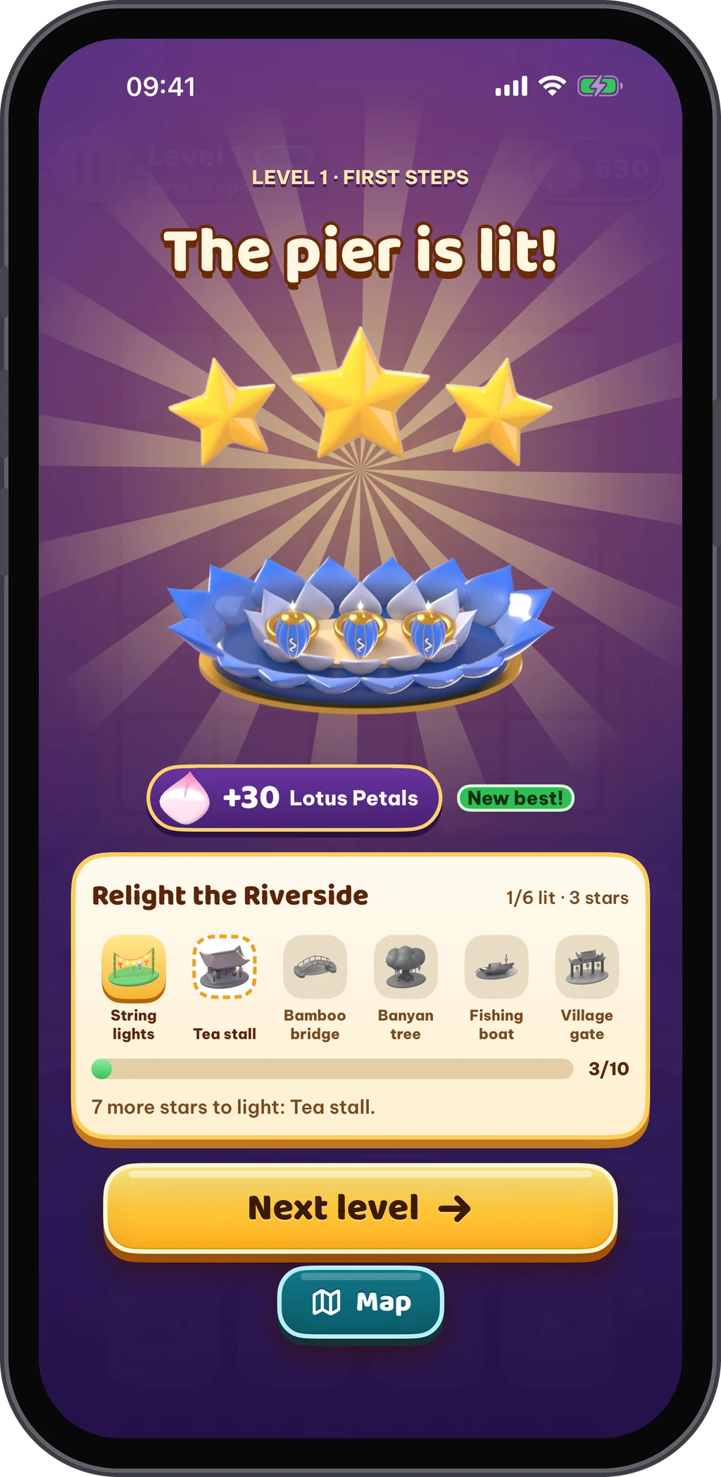 The win panel: 3 stars, Lotus Petals and the Relight the Riverside progress