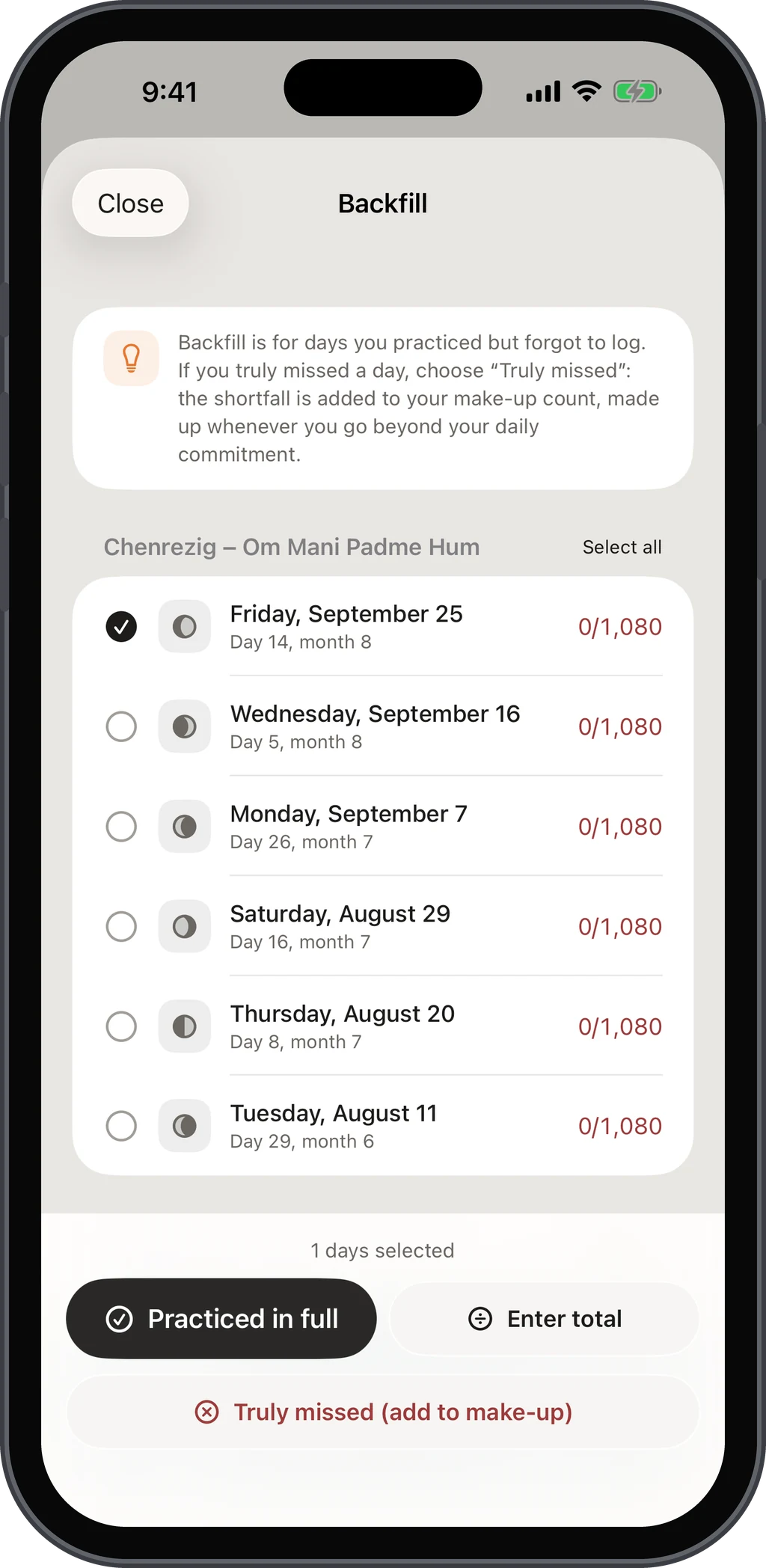 Dharma Mala Backfill screen listing the days that fall short of the commitment