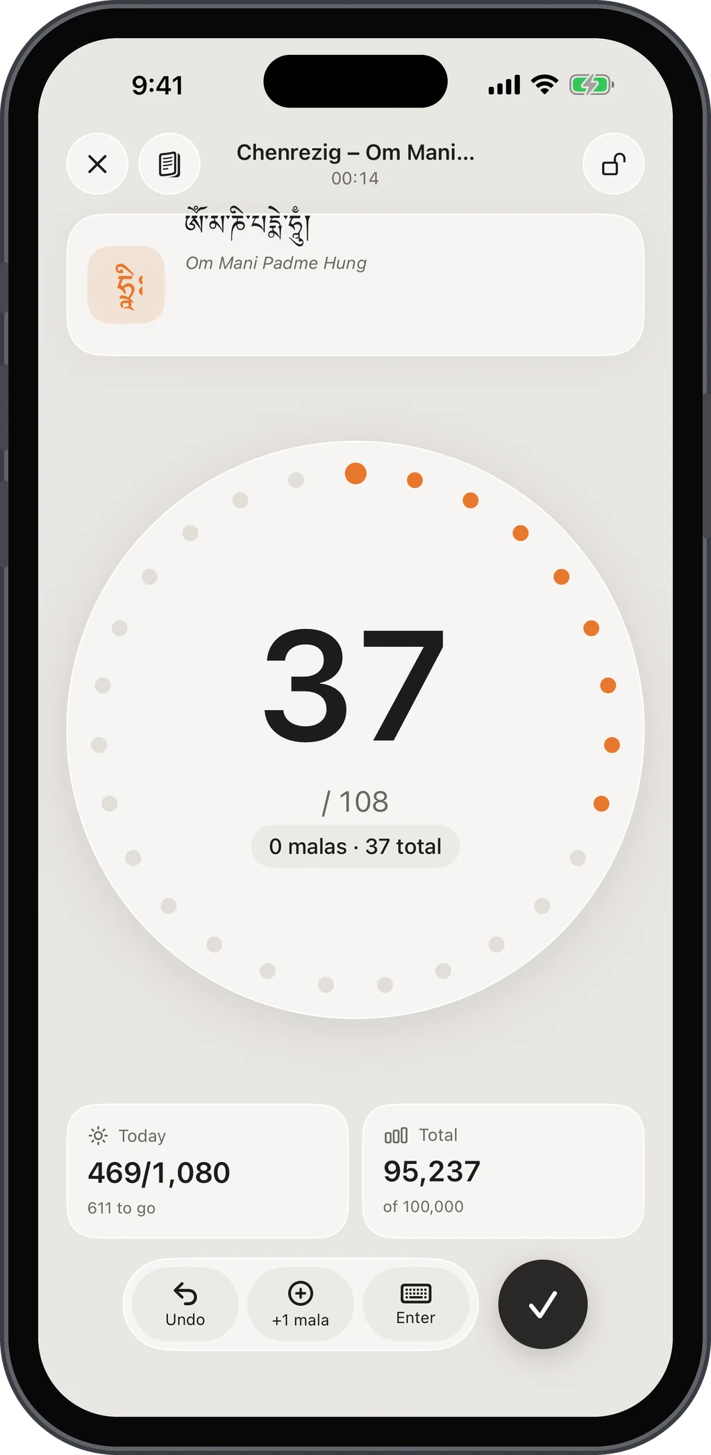 Dharma Mala counter: a 108-bead ring at bead 37 with today's count and the running total