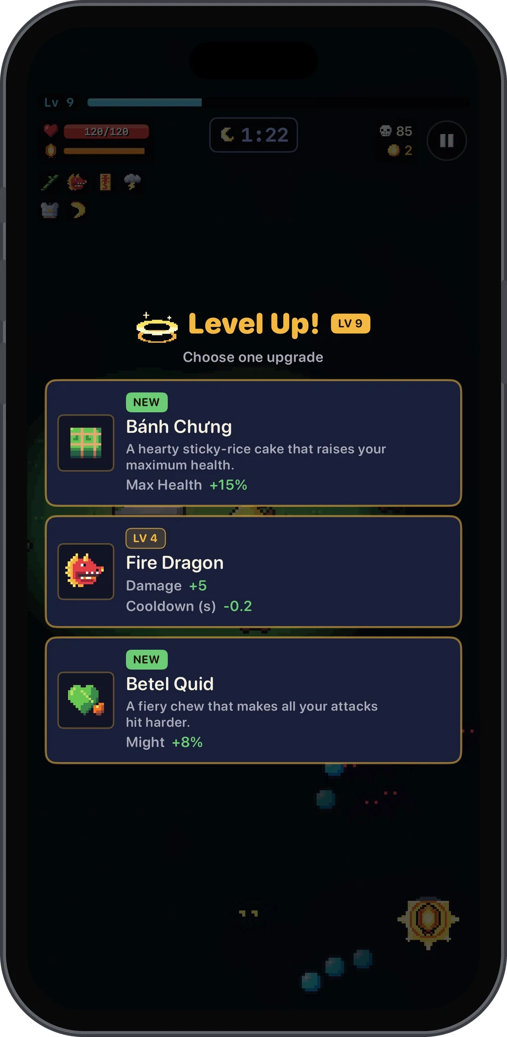 The level-up screen with three upgrade cards to choose from