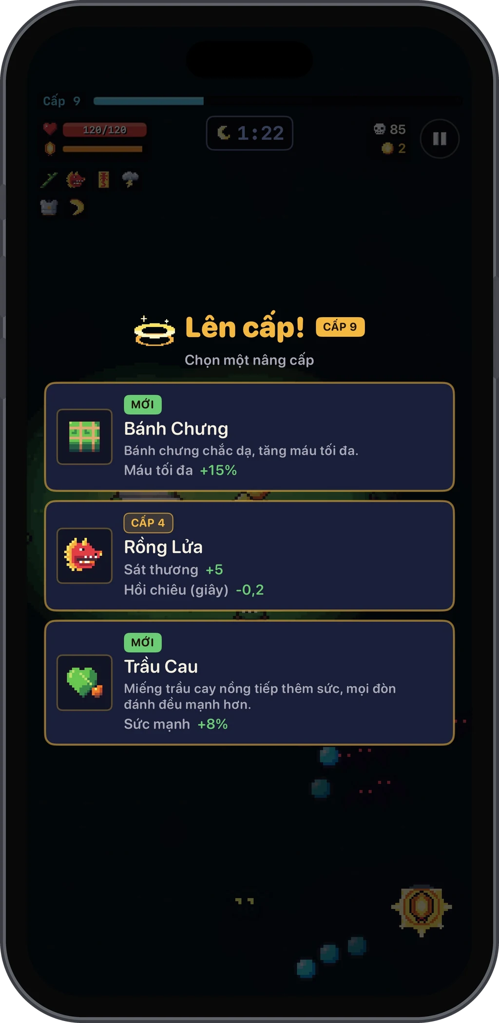 Màn lên cấp với ba thẻ nâng cấp để chọn