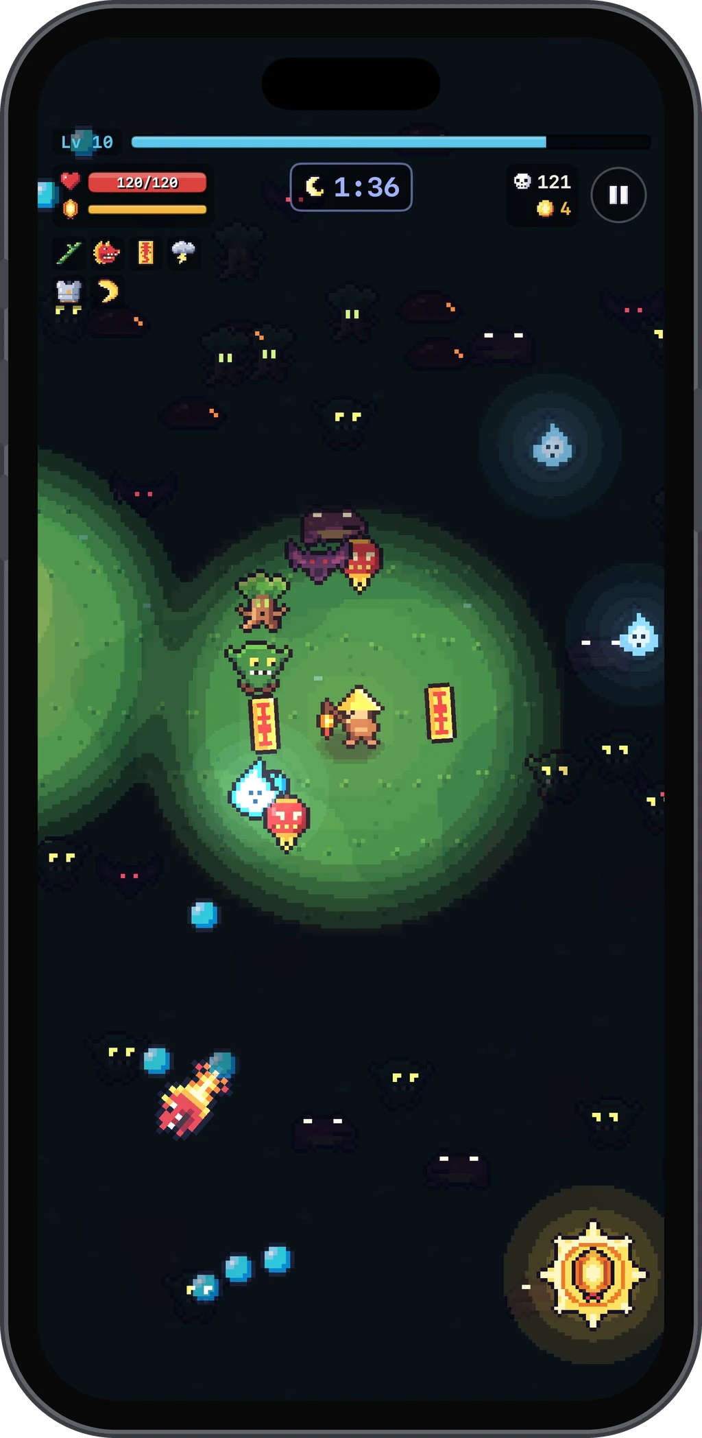 A night fight: the lantern's circle of light among the glowing eyes of spirits