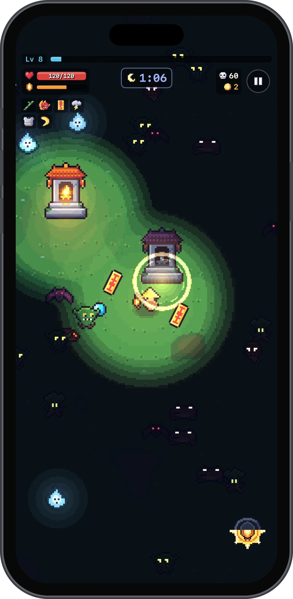 The hero stands inside a shrine at night to light it