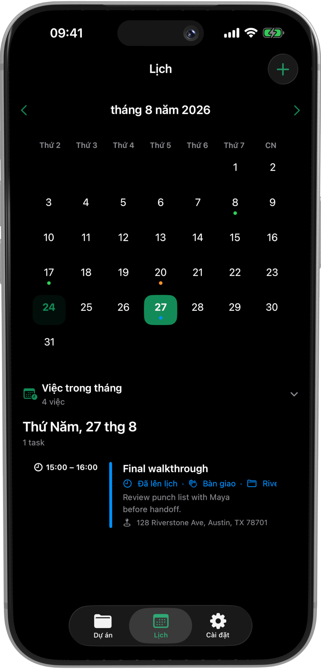 Màn hình Lịch PhaseSnap với công việc “Final walkthrough”