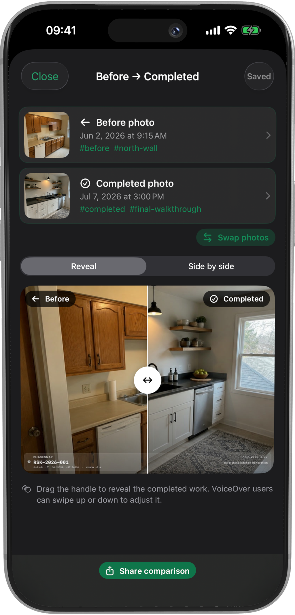 PhaseSnap before and completed photo comparison with a reveal slider