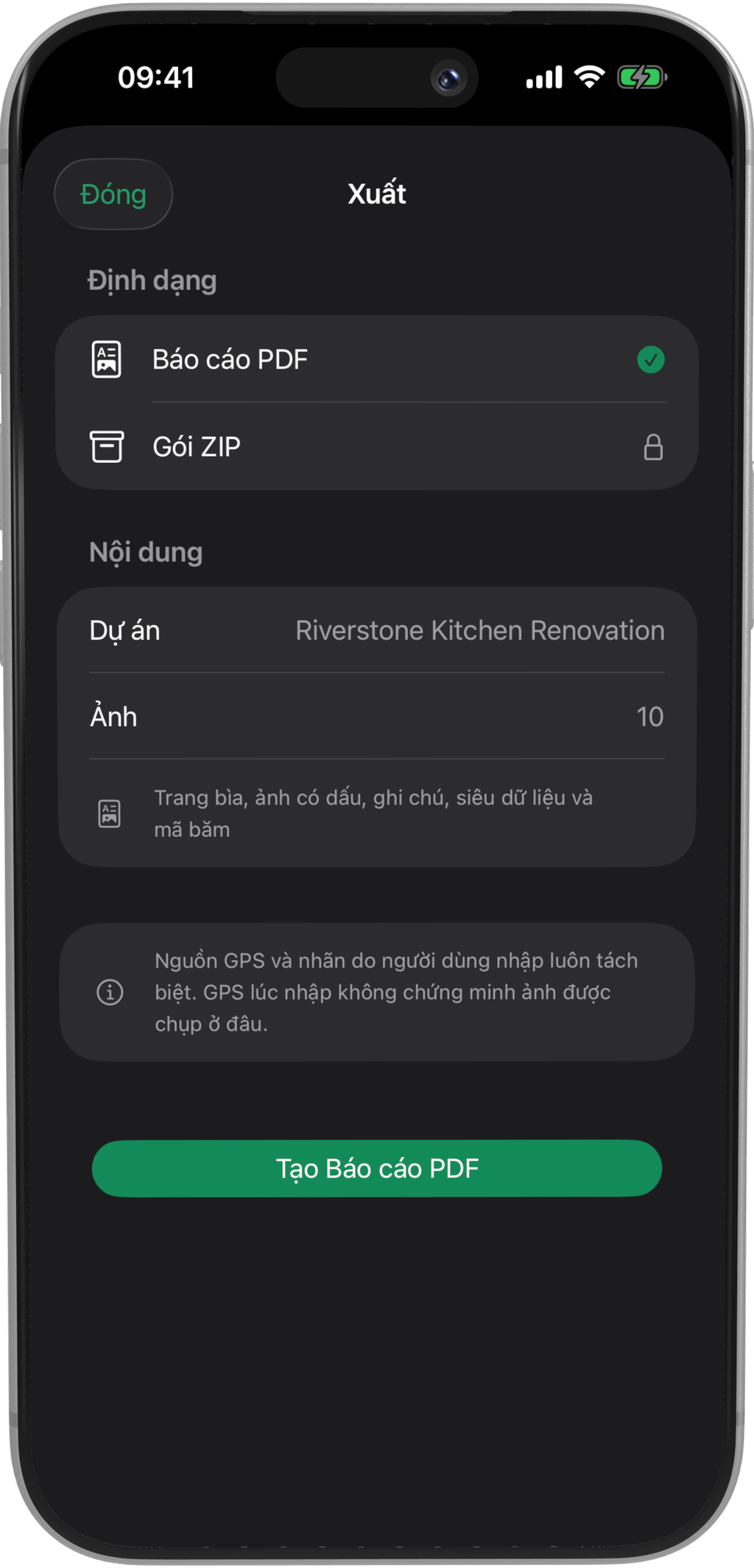 Màn hình Xuất PhaseSnap với lựa chọn báo cáo PDF