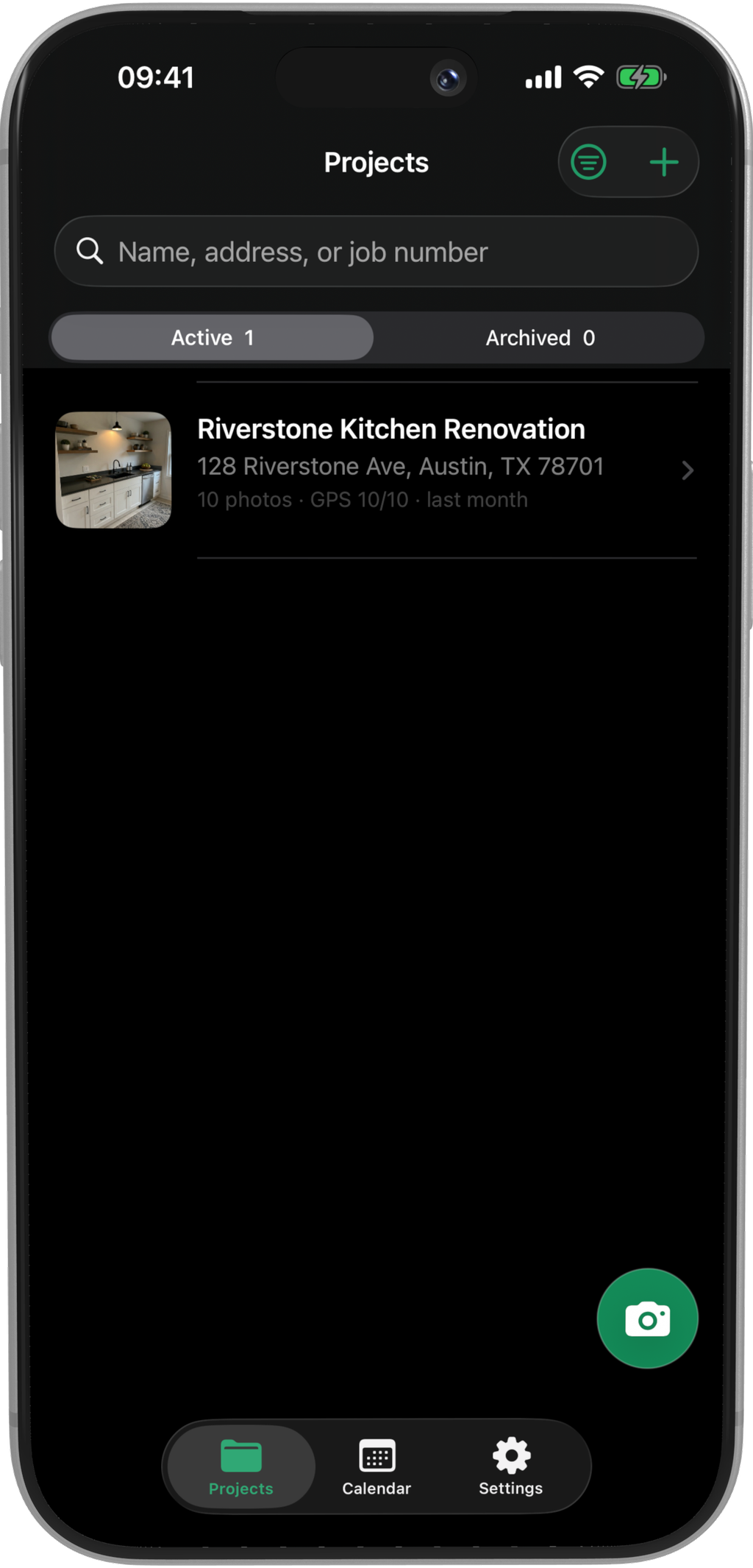 PhaseSnap Projects screen with the active project record