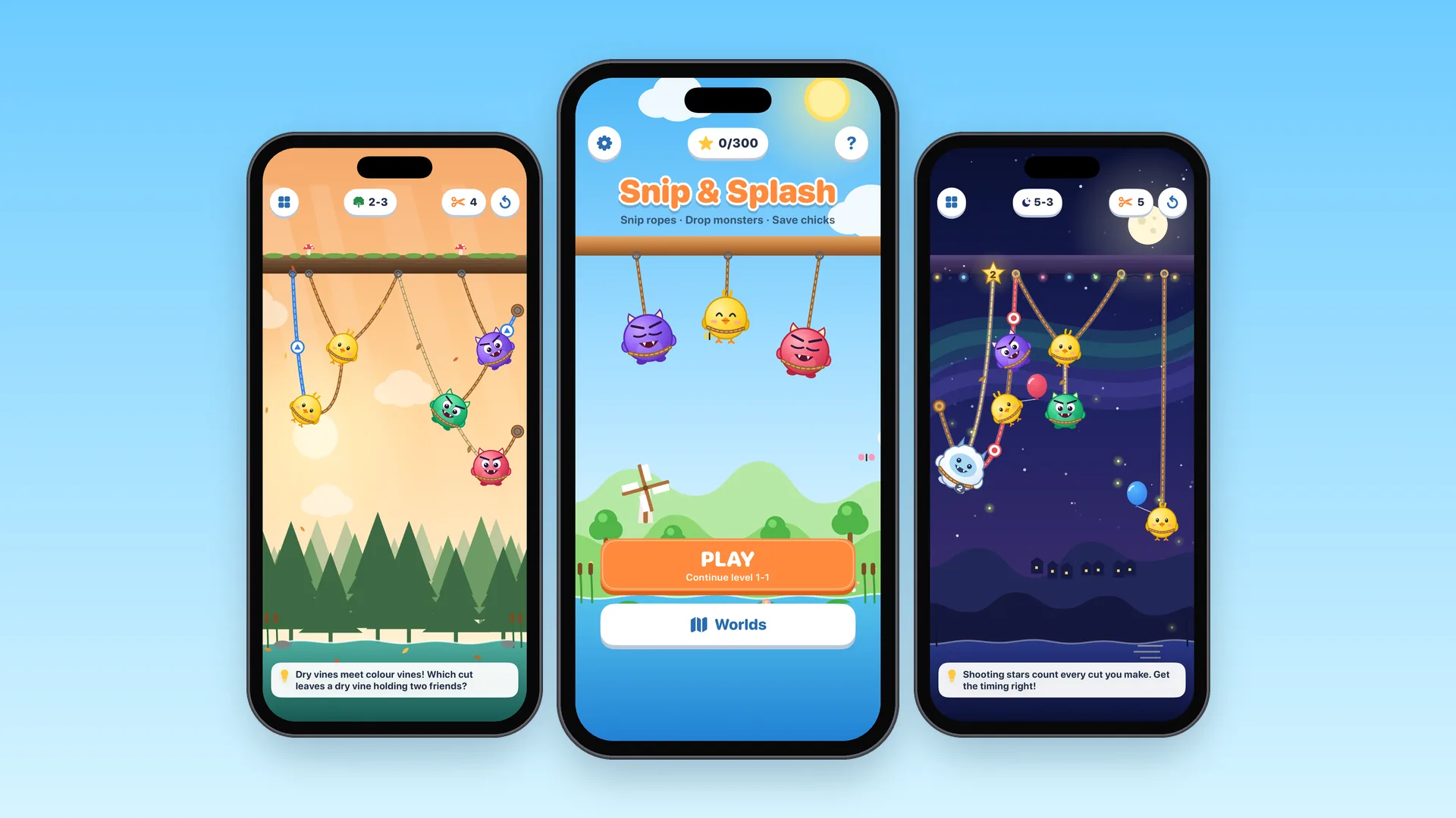 Three iPhones with Snip & Splash: a Pine Forest level, the home screen and a Starry Night level
