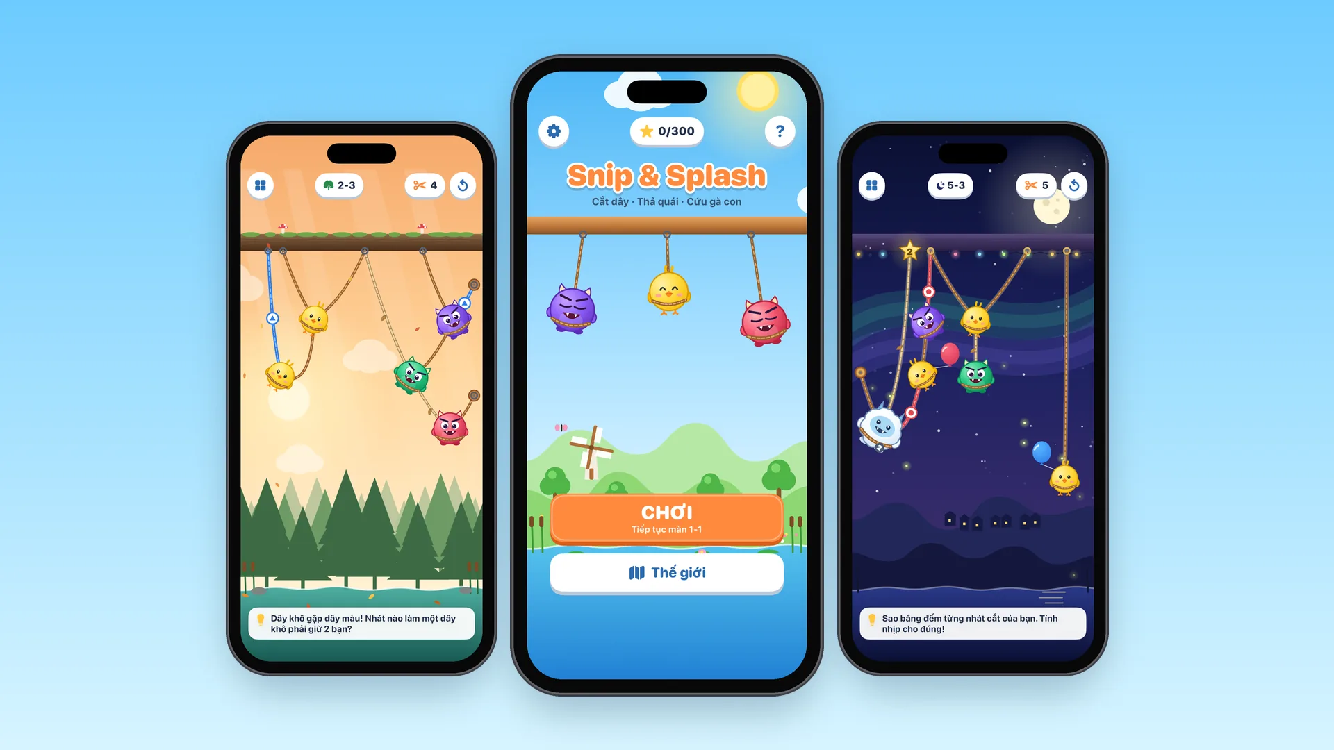 Ba chiếc iPhone chạy Snip & Splash: một màn ở Rừng thông, màn hình chính và một màn ở Đêm sao