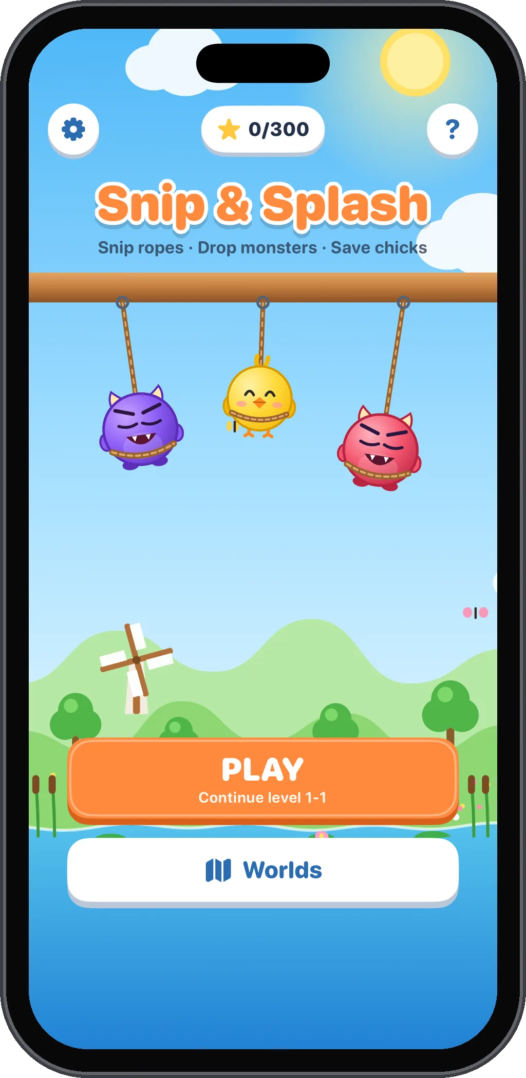 The Snip & Splash home screen: two monsters and a chick hang from ropes above the pond