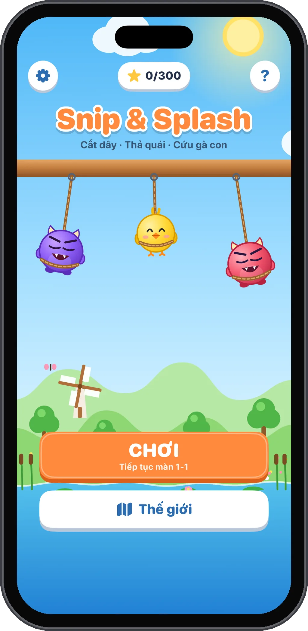 Màn hình chính của Snip & Splash: hai quái vật và một bé gà con treo trên dây phía trên hồ nước