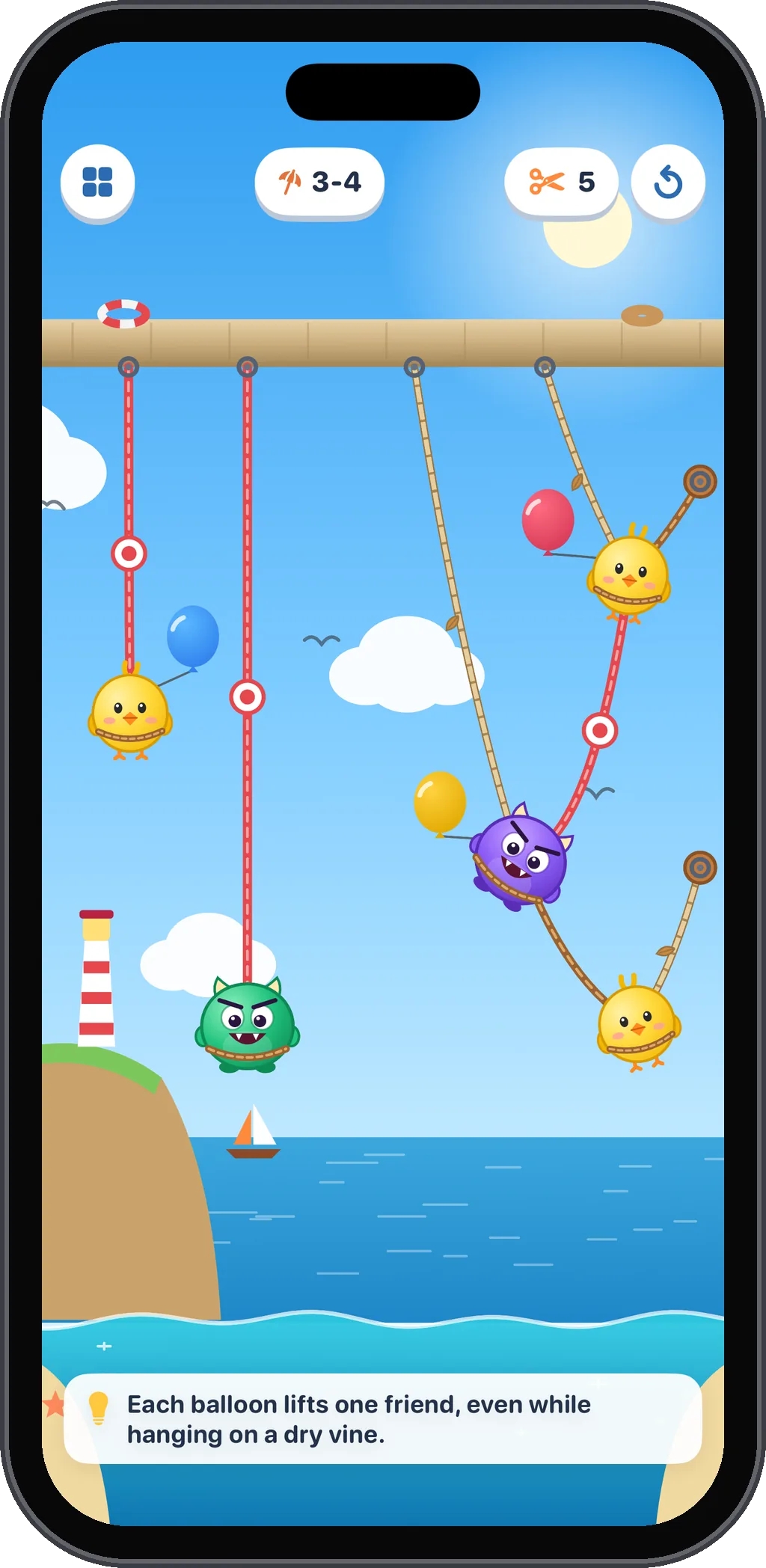 Level 3-4 at the Seaside: chicks and monsters with balloons hang from ropes above the sea