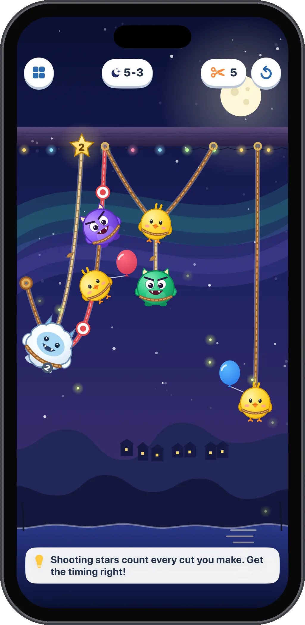 Level 5-3 at Starry Night: a shooting-star hook, balloons, a snow monster and chicks under the moon
