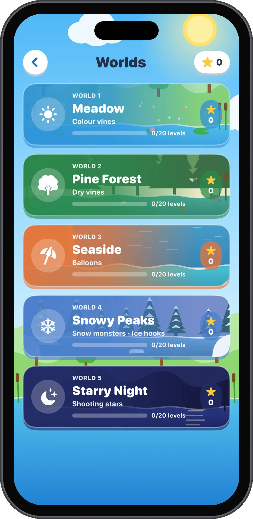 The Worlds screen: Meadow, Pine Forest, Seaside, Snowy Peaks and Starry Night